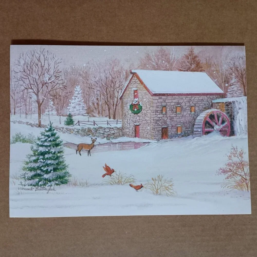 18 unused vintage Christmas cards with envelopes snowy rural farming scene